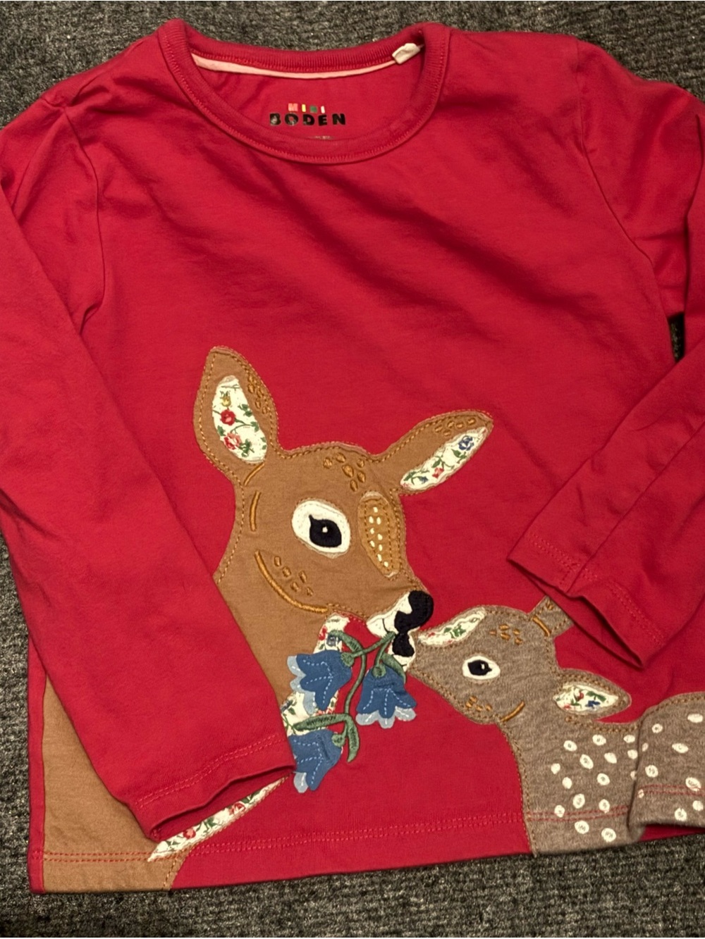 Mini Boden Red Long-Sleeve Tee with Deer Appliqué